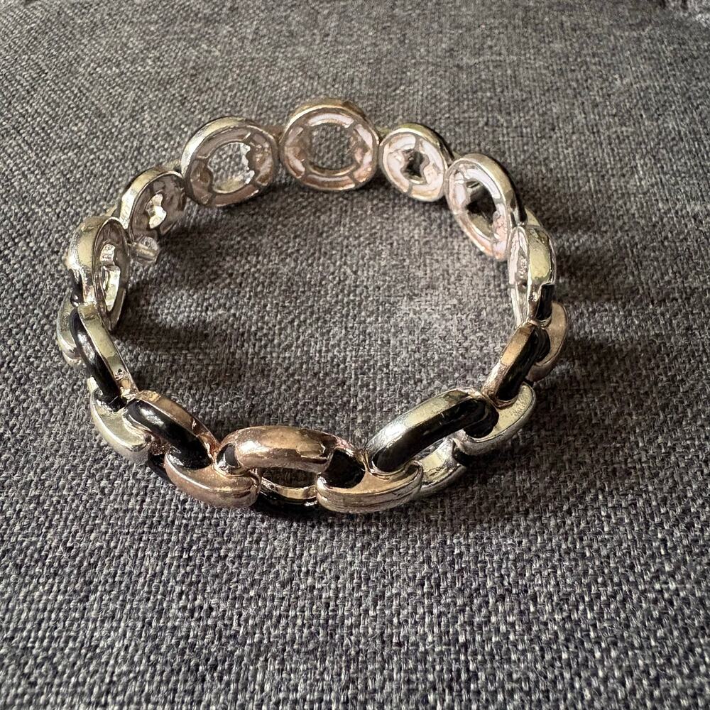 Black & Silver Circles Fashion Bracelet Hidden Elastic Metal - Costume Jewelry